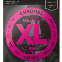 D'Addario ECB81-5 Chromes Flatwound Bass Guitar Strings - .045-.132 Regular Light Long Scale 5-string