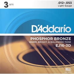 D'Addario EJ16 Phosphor Bronze Acoustic Guitar Strings - .012-.053 Light (3-pack)