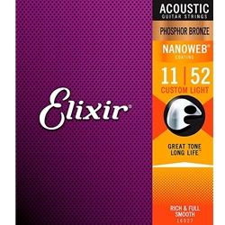 Elixir 16027 Nanoweb Phosphor Bronze Acoustic Guitar Strings - .011-.052 Custom Light