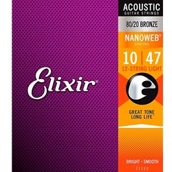 Elixir 11152 Nanoweb 80/20 Acoustic Guitar Strings - .010-.047 Light 12-String